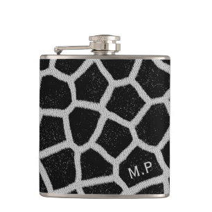 Schwarz-weißer Giraffen-Druck-Monogramm Flachmann