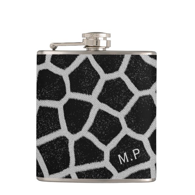 Schwarz-weißer Giraffen-Druck-Monogramm Flachmann (Vorderseite)