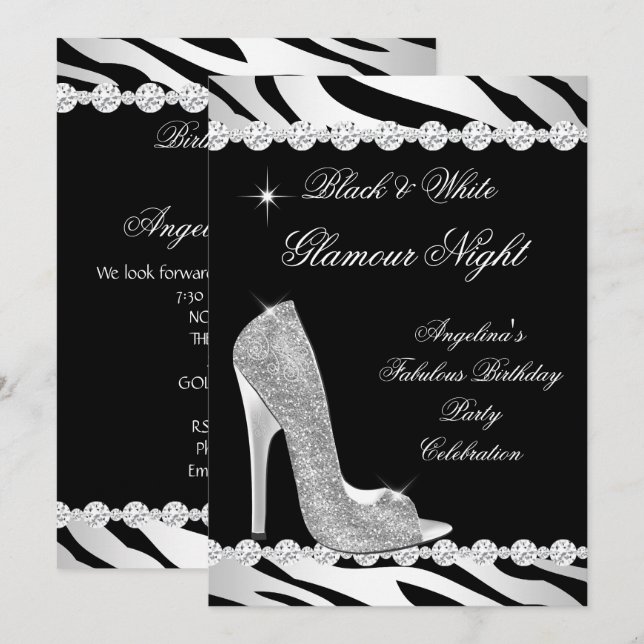 Schwarz-weißer Glamour Night Zebra Glitzer Heel Einladung (Vorne/Hinten)