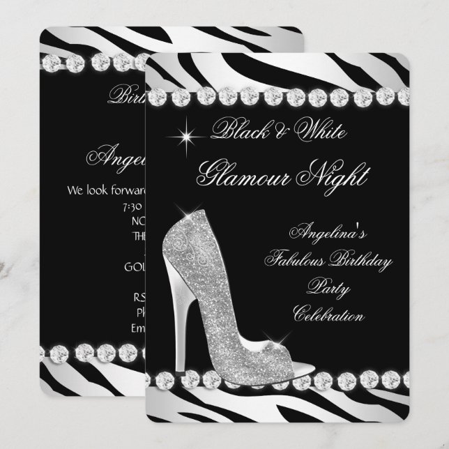 Schwarz-weißer Glamour Night Zebra Glitzer Shoes Einladung (Vorne/Hinten)