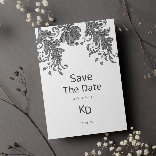 Schwarz-weißer Glitzer Blumenspitze Save the Date Einladung (Black white glitter floral lace Save The Date )