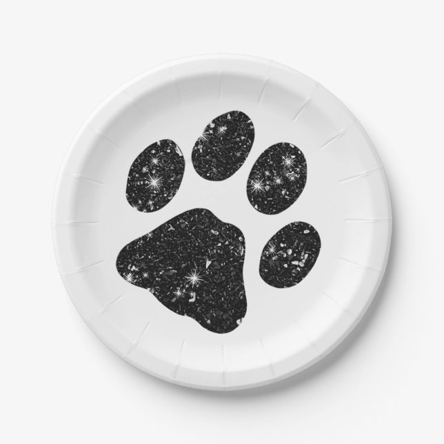 Schwarz-weißer Glitzer Paw Print Pappteller (Vorderseite)