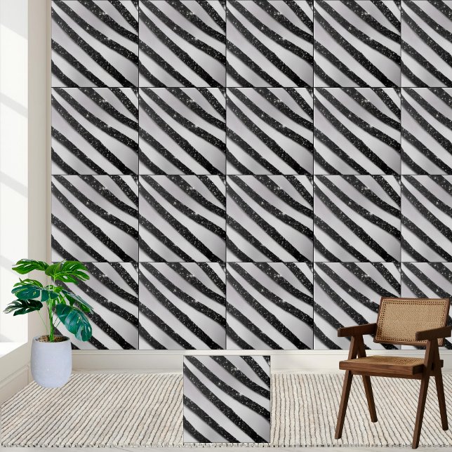 Schwarz-weißer Glitzer Streifen Keramik Tile Fliese (Black White Glitter Stripe Floor Ceramic Tile)