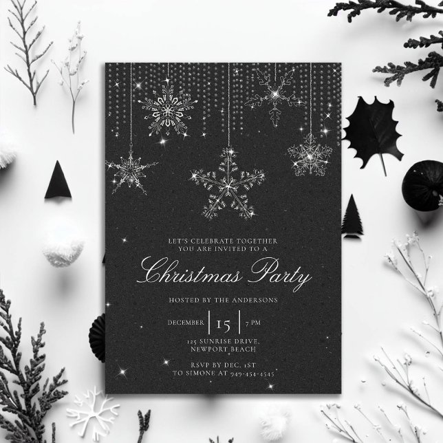Schwarz-weißer Glitzer Tropfen Schneeflocken Weihn Einladung (rhinestones glitter drips christmas party invitation elegant black white modern minimalist classy)