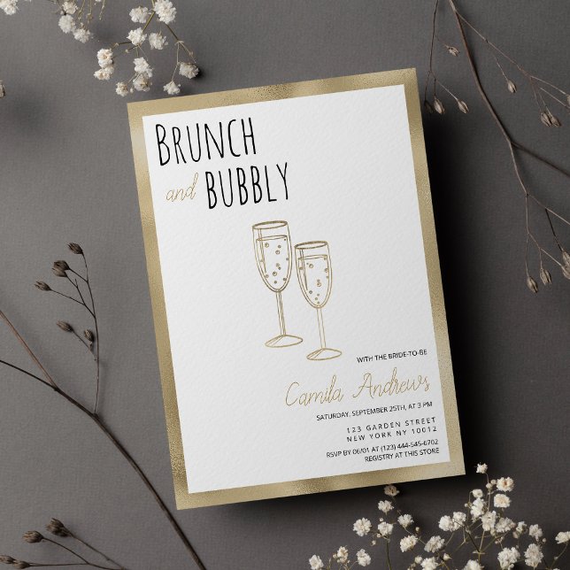 Schwarz-weißer Goldbrunch und Brautparty Einladung (Black White Gold Brunch And Bubbly Bridal Shower)