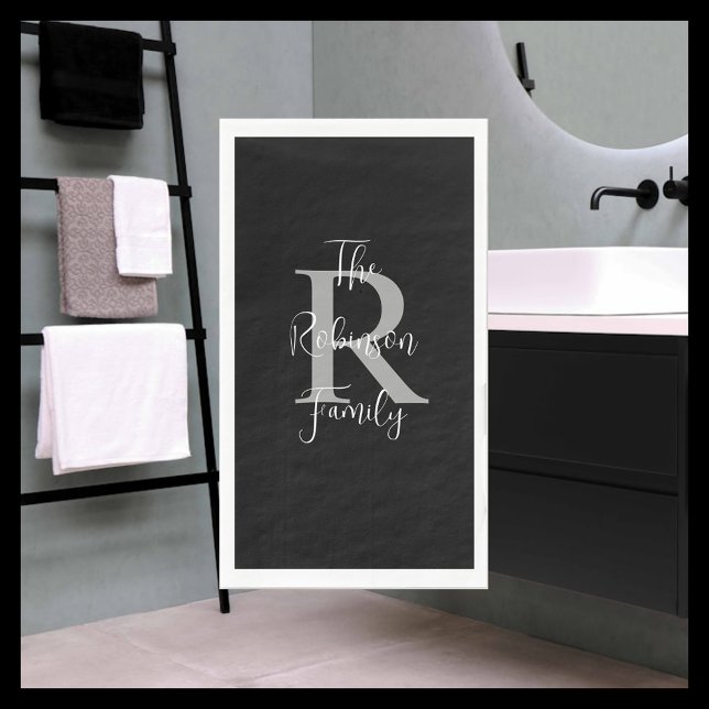 Schwarz-weißer Graue Name Monogram Handtuch Serviette (Von Creator hochgeladen)