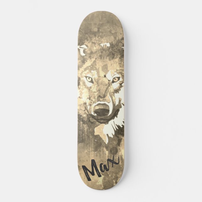 Schwarz-weißer Grauwolf abstrakt Skateboard (Vorderseite)