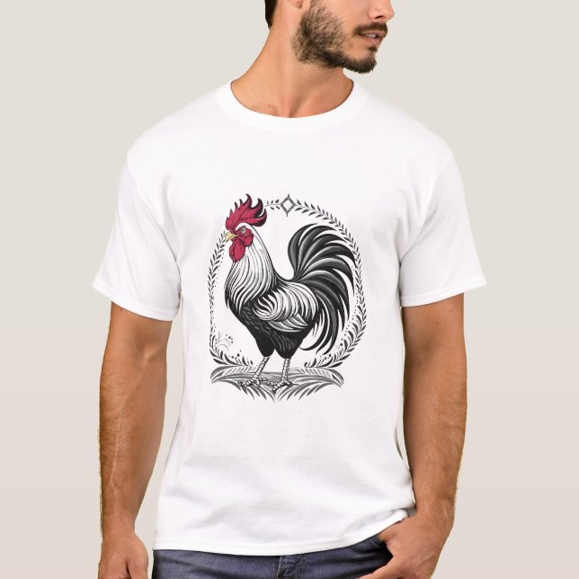 Schwarz-weißer Hahn T-Shirt (Vorderseite)