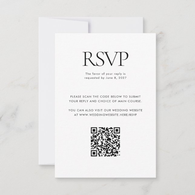 Schwarz-weißer Hochzeitbenutzerdefinierter QR-Code RSVP Karte (Vorderseite)
