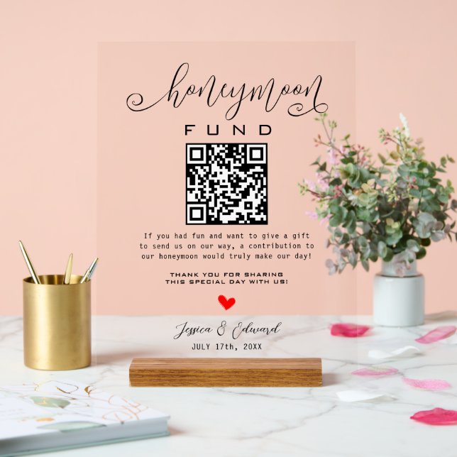 Schwarz-weißer Honeymoon Fund Qr Code Minimal Mode Acrylschild (Hochzeit)