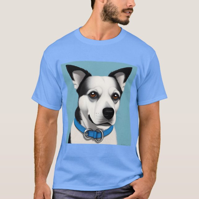 Schwarz-weißer Hund mit blauem Halsband T-Shirt (Vorderseite)