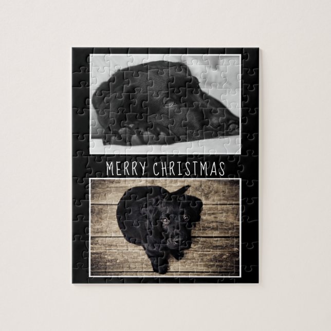 Schwarz-weißer Hund Welpe 2 Foto Collage Weihnacht Puzzle (Vertikal)