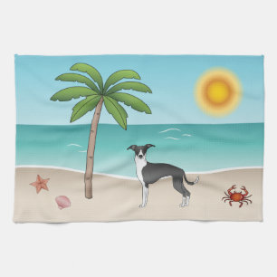 Schwarz-weißer Iggy-Hund am tropischen Sommerstran Geschirrtuch