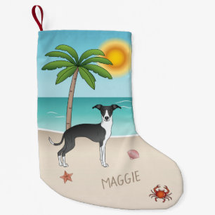 Schwarz-weißer Iggy-Hund am tropischen Sommerstran Kleiner Weihnachtsstrumpf