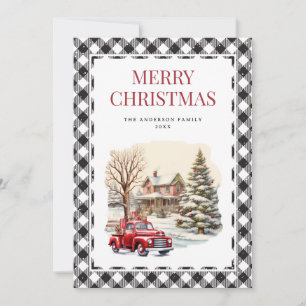 Schwarz-weißer Karierter roter LKW Frohe Weihnacht Feiertagskarte