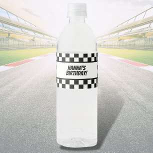 Schwarz-weißer Karo Muster Racing Thema Geburtstag Wasserflaschenetikett