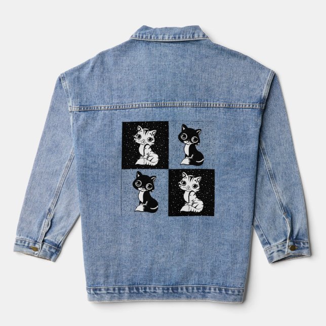 Schwarz-weißer Katzenmonogramm-Block Jeansjacke (Rückseite)