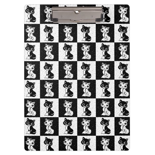Schwarz-weißer Katzenmonogramm-Block Klemmbrett (Vorderseite)