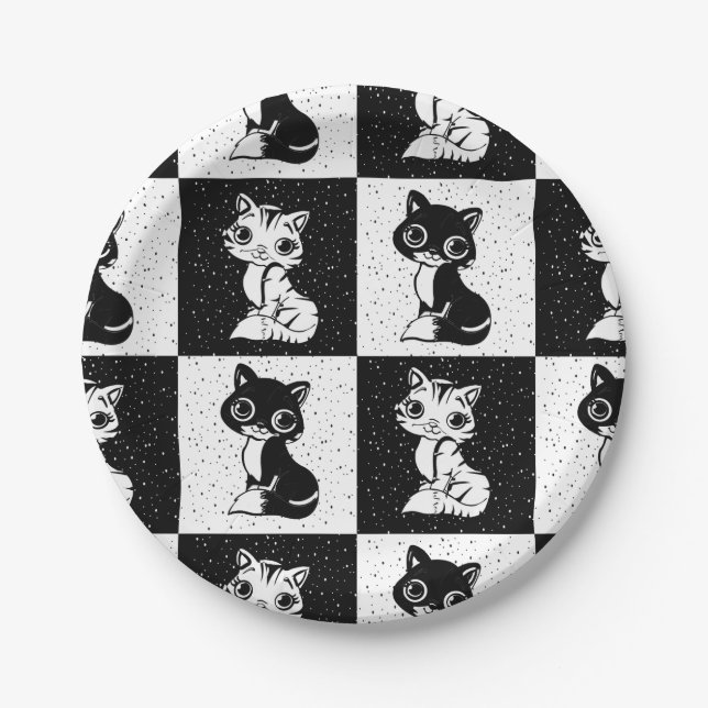 Schwarz-weißer Katzenmonogramm-Block Pappteller (Vorderseite)