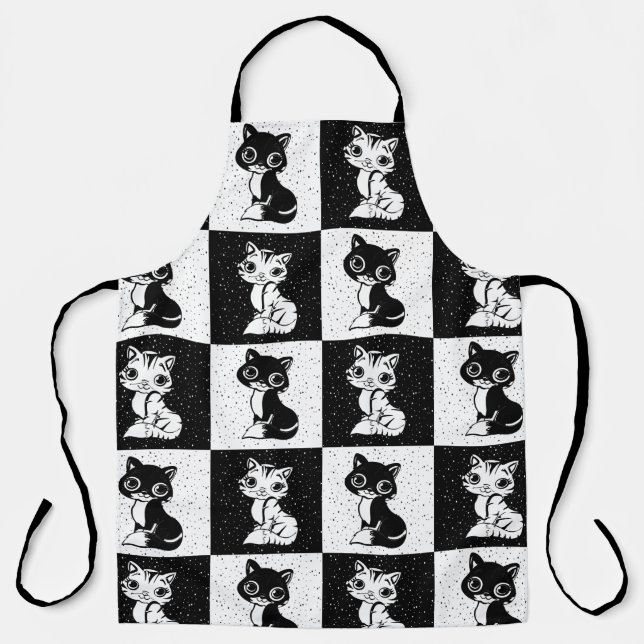Schwarz-weißer Katzenmonogramm-Block Schürze (Vorderseite)