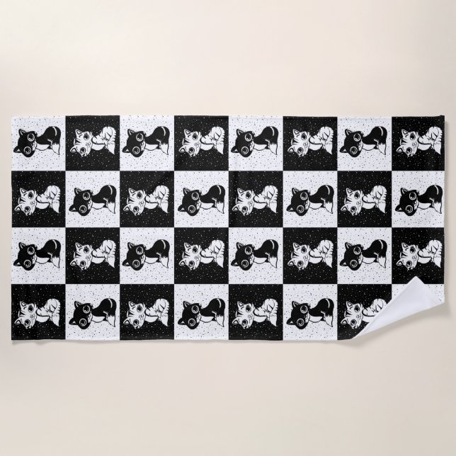 Schwarz-weißer Katzenmonogramm-Block Strandtuch (Vorderseite)