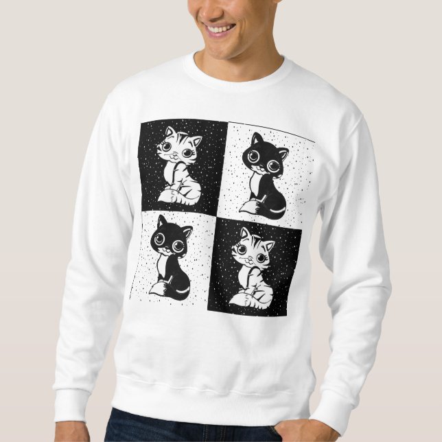 Schwarz-weißer Katzenmonogramm-Block Sweatshirt (Vorderseite)