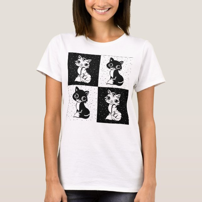 Schwarz-weißer Katzenmonogramm-Block T-Shirt (Vorderseite)