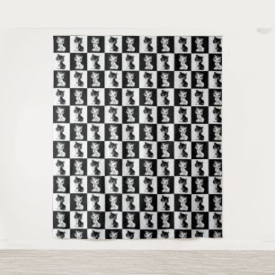 Schwarz-weißer Katzenmonogramm-Block Wandteppich