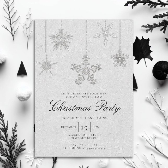 Schwarz-weißer Kristall Snowflake Glitzer Weihnach Einladung (rhinestones glitter christmas party invitation elegant black and white modern minimalist classy chic)