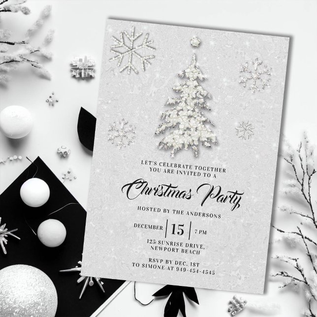 Schwarz-weißer Kristall Winter Wonderland Einladung (elegant christmas party invite glitter rhinestones tree snowflakes winter wonderland black white)