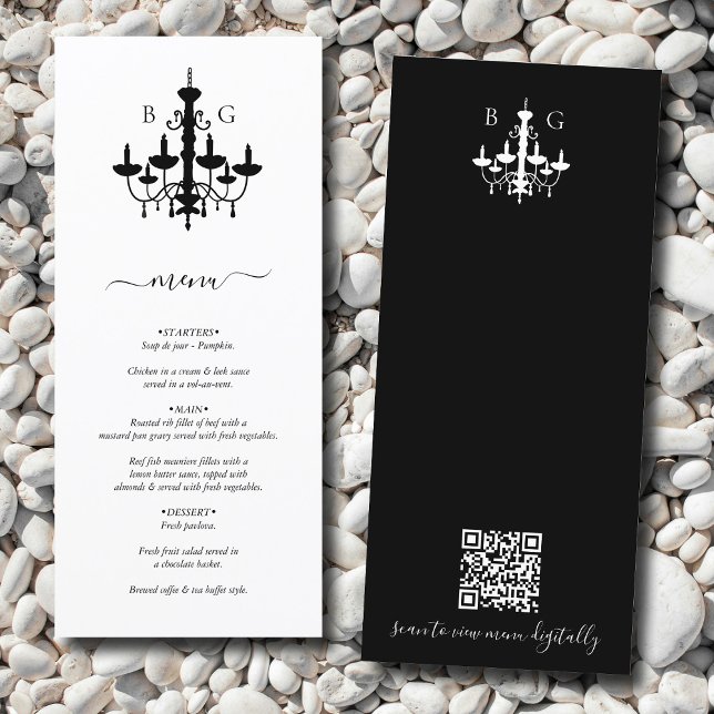 Schwarz-weißer Kronleuchter-Monogramm-Hochzeitcode Menükarte (Black White Chandelier Monogram Wedding QR Code Menu)