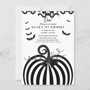 Schwarz-weißer Kürbis-Halloween 1. Geburtstag Einladung