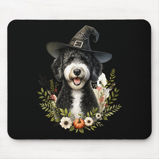 Schwarz-weißer Labradoodle-Hund Halloween-Wasserfa Mousepad (Vorne)
