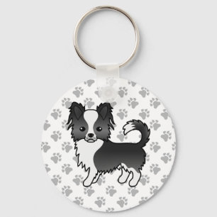 Schwarz-weißer Langhaar-Chihuahua-Hund & Pfoten Schlüsselanhänger