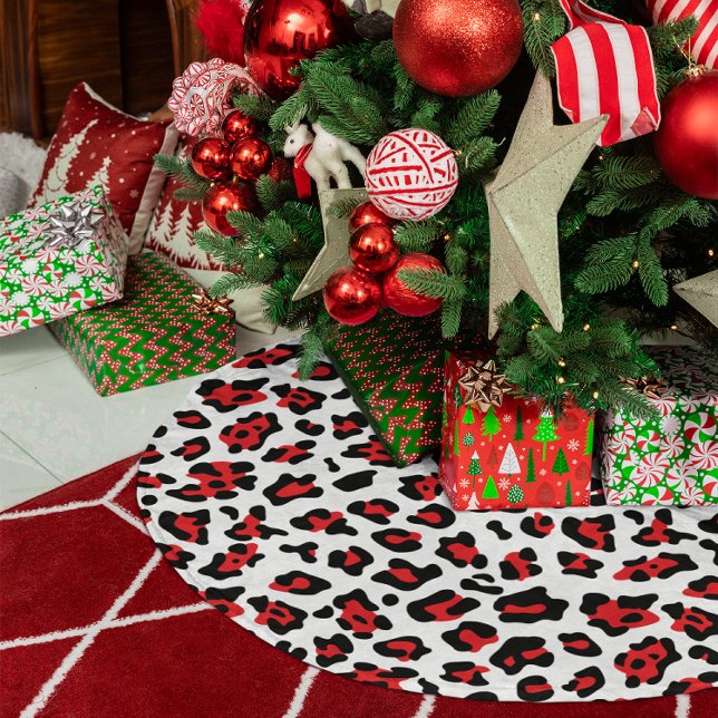 Schwarz-weißer Leopard-Spot Polyester Weihnachtsbaumdecke (Black White and Red Leopard Spot Brushed Polyester Tree Skirt)