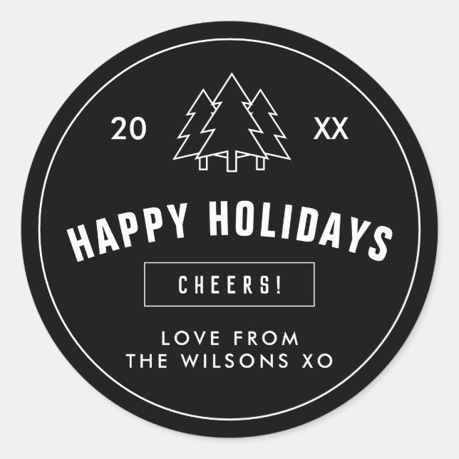 Schwarz-weißer Logo-Stil Moderne Weihnachtsbaumkla Runder Aufkleber (Vorderseite)