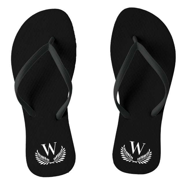 Schwarz-weißer Lorbeerkranz-Monogramm-Anfangsbuchs Flip Flops (Fußbett)