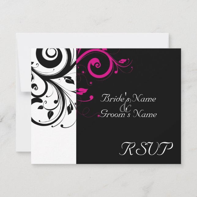 Schwarz +Weißer Magenta-Swirl Hochzeitspassende UA RSVP Karte (Vorderseite)