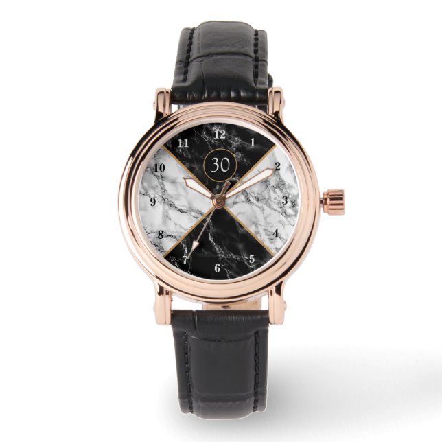 Schwarz-weißer Marmor Geburtstagsgeschenk personal Armbanduhr (Vorderseite)