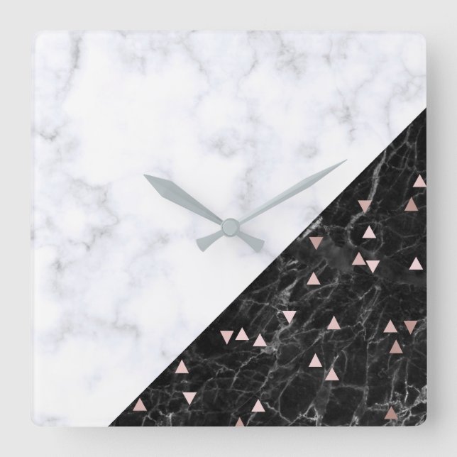 Schwarz-weißer Marmor Rose geometrisch Quadratische Wanduhr (Vorderseite)