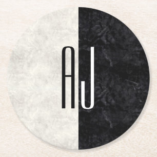 Schwarz-weißer Marmorinitialen-Monogramm Runder Pappuntersetzer