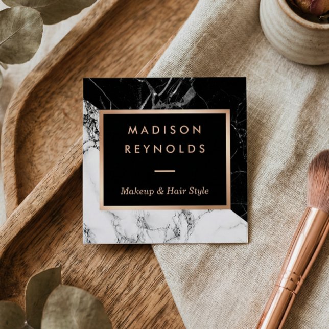 Schwarz-weißer Marmorsalon Rose Gold Schönheitssal Quadratische Visitenkarte (Von Creator hochgeladen)