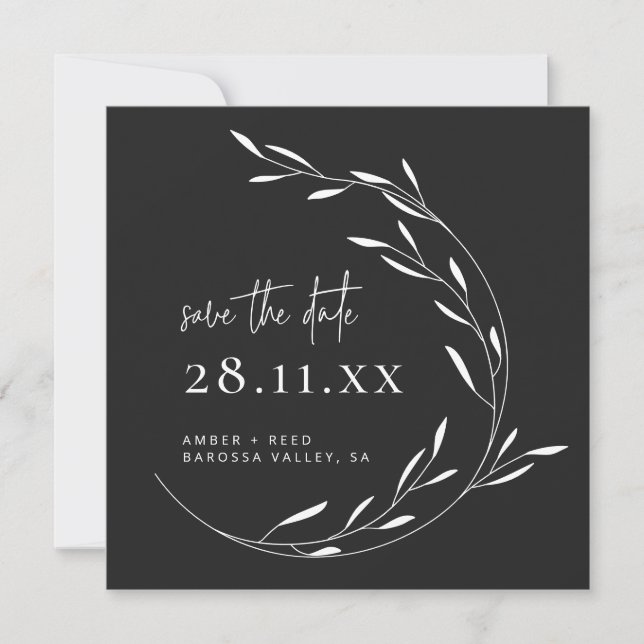 Schwarz-weißer Minimalistischer Kranz Save the Dat Date (Vorderseite)
