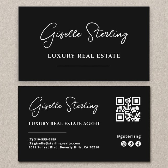 Schwarz-weißer Minimalistischer Script QR-Code Visitenkarte (Von Creator hochgeladen)