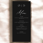 Schwarz-weißer Monogram Elegant Wedding Empfang Menükarte<br><div class="desc">Das Minimalistische Schwarz-Weiß-Hochzeitsmenü, eine raffinierte und elegante Ergänzung zu Ihrem Hochzeitstisch, die zeitlos modernes Design mit zeitloser Eleganz vereint. Diese Speisekarten, die mit Präzision und minimalistischer Ästhetik gestaltet wurden, sollen Ihre Essgewohnheiten verbessern und Ihren Gästen einen bleibenden Eindruck verließe. Der markante Kontrast von Schwarz und Weiß verströmt ein Gefühl von...</div>