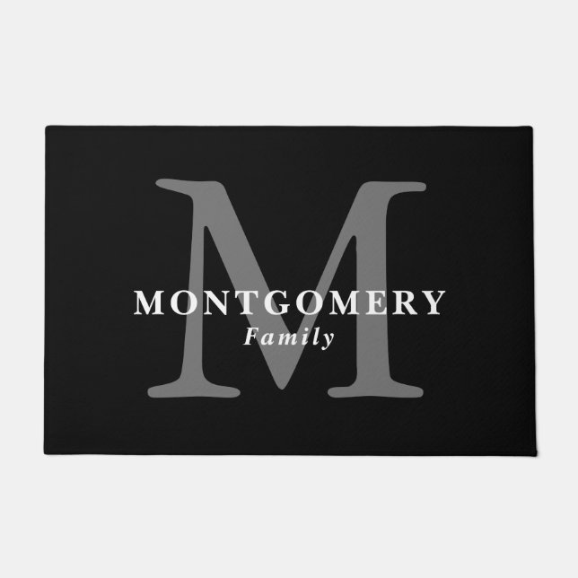 Schwarz-weißer Monogramm Grauer Elegant Chic Famil Fußmatte (Vorderseite)