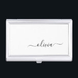Schwarz-weißer Name für das Girl-Monogramm Visitenkarten Dose<br><div class="desc">Name Business Card Holder für Schwarz und Weiß einfaches Script. Das macht den perfekten 16 Geburtstag,  Hochzeit,  Brautparty,  Jubiläum,  Babydusche oder Junggeselinnen-Abschied Geschenk für jemanden,  der Lieben glamourösen Luxus und schicke Stile.</div>