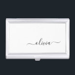 Schwarz-weißer Name für das Girl-Monogramm Visitenkarten Dose<br><div class="desc">Name Business Card Holder für Schwarz und Weiß einfaches Script. Das macht den perfekten 16 Geburtstag,  Hochzeit,  Brautparty,  Jubiläum,  Babydusche oder Junggeselinnen-Abschied Geschenk für jemanden,  der Lieben glamourösen Luxus und schicke Stile.</div>