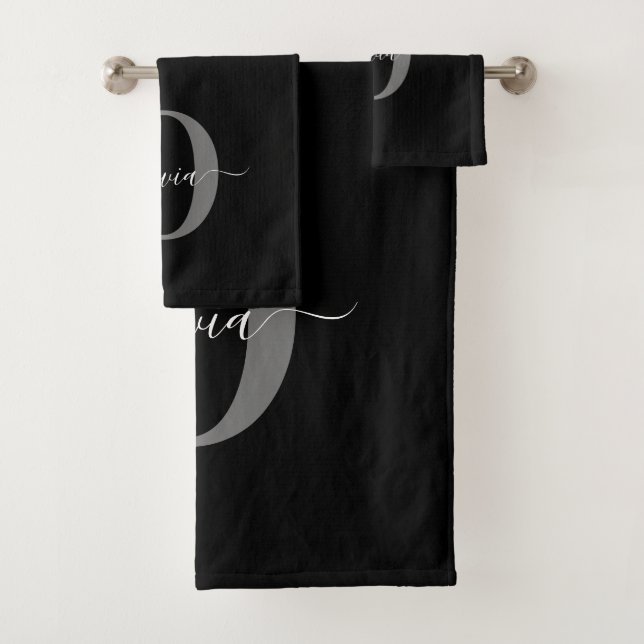 Schwarz-weißer Name für Monogramm-Skript Badhandtuch Set (Insitu)