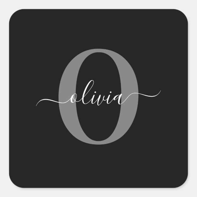 Schwarz-weißer Name für Monogramm-Skript Quadratischer Aufkleber (Vorderseite)